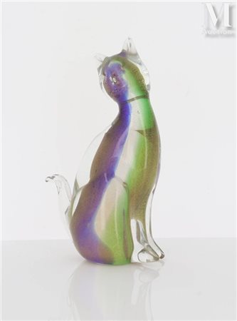 MURANO Chat Sculpture en verre transparent et inclusions polychromes et or....