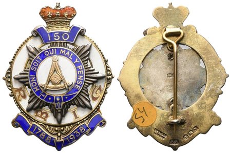  
Spilla "Honi Soit Qui Mal Y Pense", R M I G, 1788 - 1938 (150), AG E Smalti (35 x 46 mm) 
 