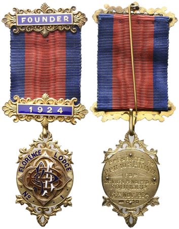  
Medaglia Florence Lodge N° 1, Founder 1924, AG E Smalti (45 x 116 mm) 
 
