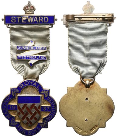  
Medaglia Royal Masonic Institution For Boys, 1937, Steward, Cumberland & Westmorland, AG E Smalti (35,3 x 83,2 mm) 
 