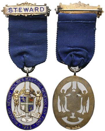  
Medaglia Richard Henry Holmes Masonic Benevolent Fund 1923, Steward, AG E Smalti (27,6 x 81,8 mm) 
 