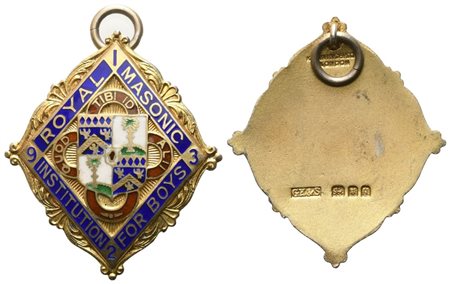  
Medaglia Royal Masonic Institution For Boys, "Quod Tibi Id Alii", 1923, AG E Smalti (36,9 x 41,6 mm) 
 