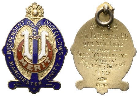  
Medaglia Indipendent Order Of Oddfellows - Manchester Unity, "MERIT", AG E Smalti (32 x 43,9 mm) 
 