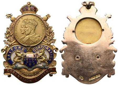  
Moneta-Medaglia Salford Corporation "Integrity And Industry", Phillips-Mayor June 22nd 1911, Coronation Souvenir, King George V & Queen Mary, 1976, AU E Smalti (36,8 x 56 mm) 
 