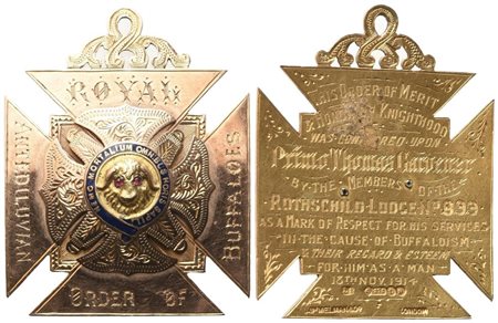  
Medaglia Royal Antediluvian Order Of Buffaloes, "Nemo Mortalium Omnibus Horis Sapit", 1914, AU E Smalti (37,4 x 47 mm) 
 