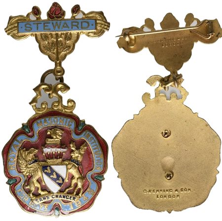 
Medaglia Smaltata Royal Masonic Institution For Boys 1946, "Sans Changer", Steward (35 x 73 mm) 
 