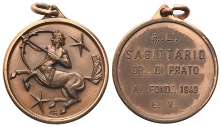  
Medaglia R. L. "Sagittario" Or. Di Prato, A. Fond. 1949 E. V., AE (30 mm) 
 