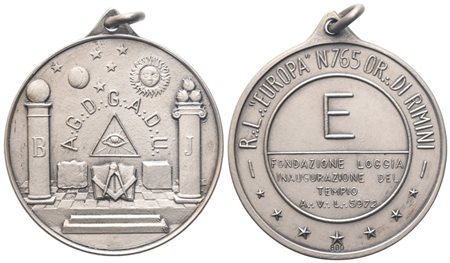  
Medaglia R. L. "Europa" N° 765 Or. Di Rimini, Fondazione Loggia Inaugurazione Del Tempio A. V. L. 5972, AG (35,7 mm) 
 