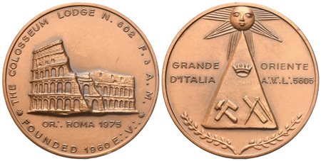  
Medaglia "The Colosseum Lodge" N° 602 F. & A. M. Founded 1960 E. V. Or. Roma 1975 (40 mm) 
 