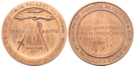 
Medaglia R. L. "Pietro Giannone" Or. Di Foggia, G. O. D'Italia Palazzo Giustiniani (35,5 mm) 
 