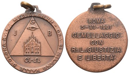  
Medaglia R. L. "Mediolanum" Or. Di Milano Valle D'Olona, Roma 5-VI-1981 - Gemellaggio Con R. L. "Giustizia E Libertà" (30,1 mm) 
 