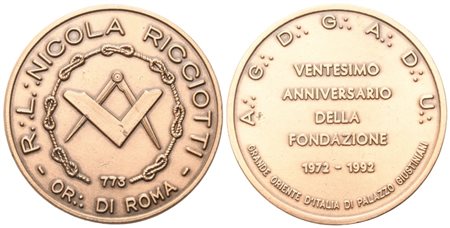  
Medaglia R. L. "Nicola Ricciotti" Or. Di Roma, Ventesimo Anniversario Della Fondazione 1972 - 1992 (41,1 mm) 
 