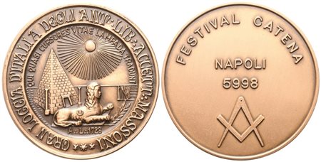  
Medaglia Grand Loggia d'Italia Degli Ant. Lib. Accett. Massoni, Festival Catena Napoli 5998, AE (50,5 mm) 
 