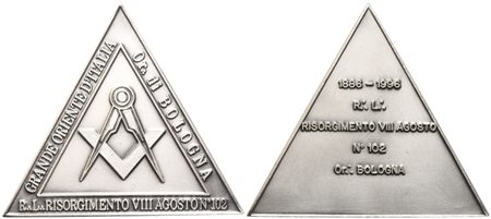  
Medaglia Grande Oriente d'Italia Or. Di Bologna R. L. "Risorgimento VIII Agosto" N° 102, 1996 (68,3 mm) 
 