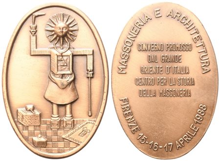  
Medaglia Massoneria e Architettura, Convegno promosso Dal Grande Oriente D'Italia Centro Per La Storia Della Massoneria, Firenze 15-16-17 Aprile 1988, AE (37,7 mm) 
 