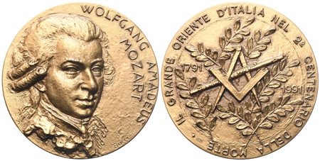  
Medaglia "Wolfgang Amadeus Mozart" Il Grande Oriente D'Italia Nel 2° Centenario Della Morte 1791 - 1991, AE (50,5 mm) 
 