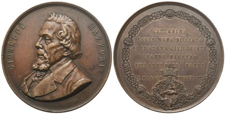  
Medaglia "Giuseppe Mazzoni", Cittadino Esule Uomo Di Stato Di Austere Civili Virtù Grande Maestro, XVII Anni Dalla Morte, X Maggio MDCCCXCVII, AE (55 mm) 
 