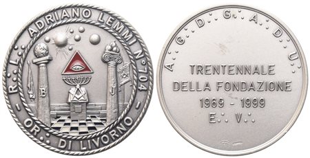  
Medaglia R. L. "Adriano Lemmi" N° 704 Or. Di Livorno, Trentennale Della Fondazione 1969 - 1999 E. V. (37,3 mm) 
 