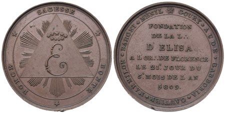  
Medaglia Fondation De La L. "D' Elisa" A L Or. De Florence Le 21° Jour Du 5° Mois De L' An 5809, AE (43,1 mm) 
 