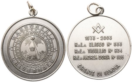  
Medaglia Massoneria Universale Grande Oriente D'Italia An. V. L. 5805, 1973 - 2003, R. L. "Eliseo" N° 833 R. L. "Tigullio" N° 834 R. L. "Andrea Doria" N° 835, Oriente Di Genova (50,5 mm) 
 
