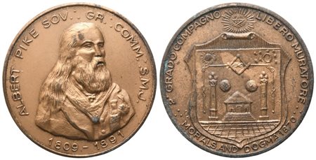  
Medaglia "Albert Pike" Sov. Gr. Comm. S. M. J. 1809 - 1891, 2° Grado Compagno Libero Muratore (40,4 mm) 
 