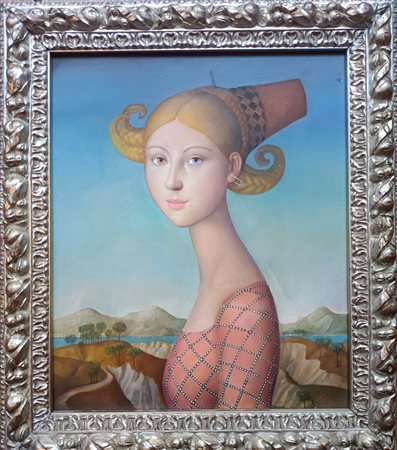 ROCCHI ALFONSO Bergamo (Bg) 1951 Nobildama al capo Olio su tavola 35,00x29,00...