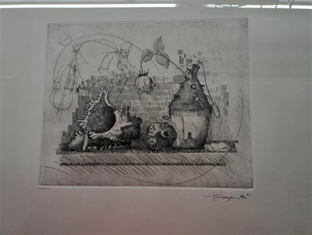 LONGARETTI TRENTO Treviglio (Bg) 1916 Natura morta con viandante Acquaforte e...