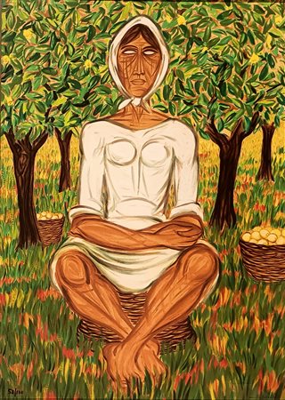 MIGNECO GIUSEPPE Messina (Me) 1903 Donna con cesto di limoni Serigrafia su...