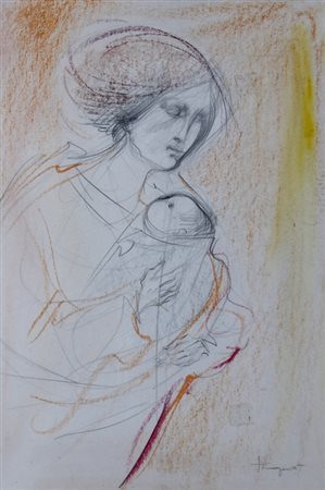 LONGARETTI TRENTO (Treviglio 1916) “Maternità” Pastello cm. 49x35 Firma in...