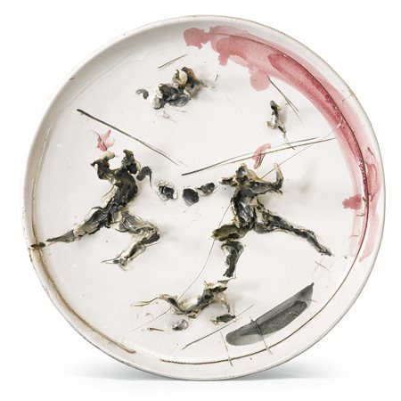 LUCIO FONTANA 1899 - 1968 GUERRIERI signed, enameled terracotta. Executed in...