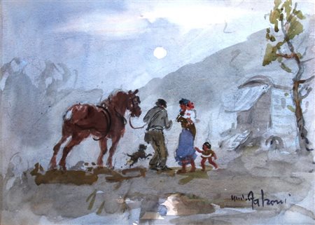 FALZONI GIULIO (Marmirolo 1900 - Milano 1978) "Zingari" Acquerello su carta...