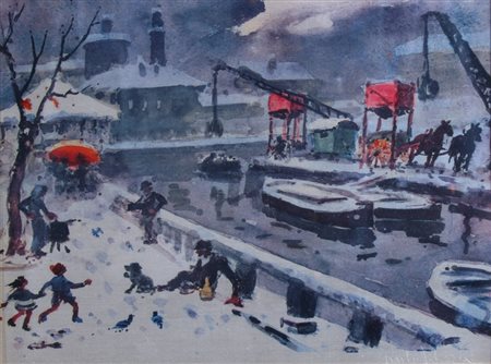 FALZONI GIULIO (Marmirolo 1900 - Milano 1978) "La darsena" Argentografia,...