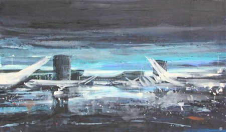 Alessandro BUSCI 1971 Linate Olio su tavola cm 50 X 83 Sigla ‘AB’ (in basso a...