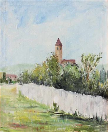 Angelo DEL BON Milano 1898 - Desio 1952 La chiesetta, 1949 Olio su tela cm 60...