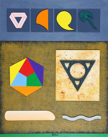 Lucio Del Pezzo 1933 " Repertorio " Collage, acrilico, sabbia e metallo su...