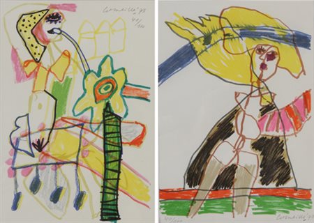 Pierre Corneillé. Personaggi, ‘73. Coppia di litografie a colori, firme in...
