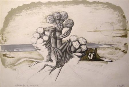 Sergio Vacchi (1925-). Tramonto marino. litografia ritoccata a mano, firmata...