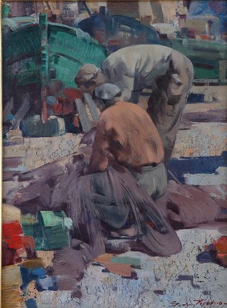 Giulio Da Vicchio (1925-2004). Vita di mare. Olio su tela, firma in basso a...