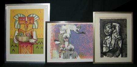 Lotto di un acquerello su carta raffigurante personaggio e due litografie...