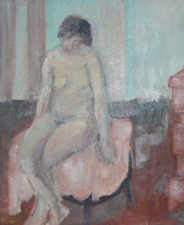 Artista del sec. XX. Nudo di donna. Olio su cartoncino telato, firma...