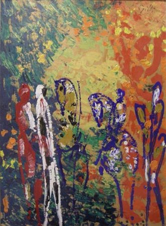 Antonio Vangelli (Roma, 1917-2004). Cavalieri. Olio su compensato, firma in...