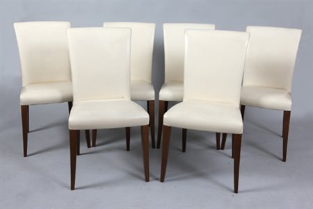 Gruppo di sei sedie “Vittoria” in legno tinto a noce con seduta e spalliere...