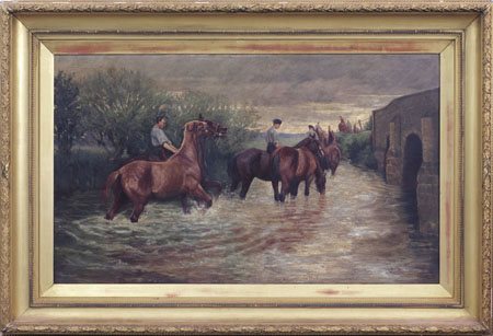 SCUOLA INGLESE DEL XIX SECOLO Cavalleria al guadoolio su tela cm. 76,5x127,...