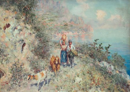 GIARDIELLO GIUSEPPE Napoli 1887 - 1920Pastori in rivieraolio su tela cm....