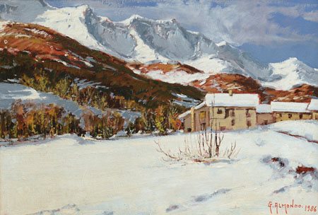 ALMONDO GIUSEPPE Paesaggio innevato, 1986olio su tavola cm. 35x50, firma e...