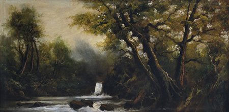 PITTORE DEL XX SECOLO Paesaggio boschivo con cascataolio su tela cm. 60x120,...