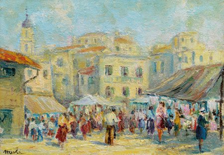 MIOLA MILLY Fiera in paese (Bordighera)olio su tela applicata su tavola cm....