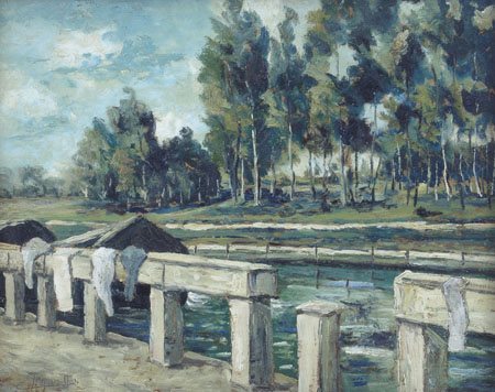 AGNETTI CIRO Milano 1913 - 1984Naviglio Paveseolio su masonite cm. 40x50,...