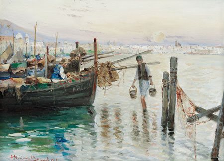PERCIAVALLE ANTONIO Napoli 1949I pescatori di Mergellina, 1969olio su tavola...