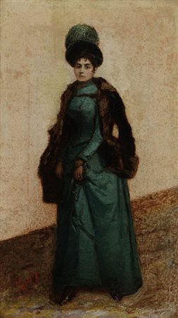 JORIS PIO Roma 10/06/1843 - 06/03/1921Giovane signora con cappotto verde e...
